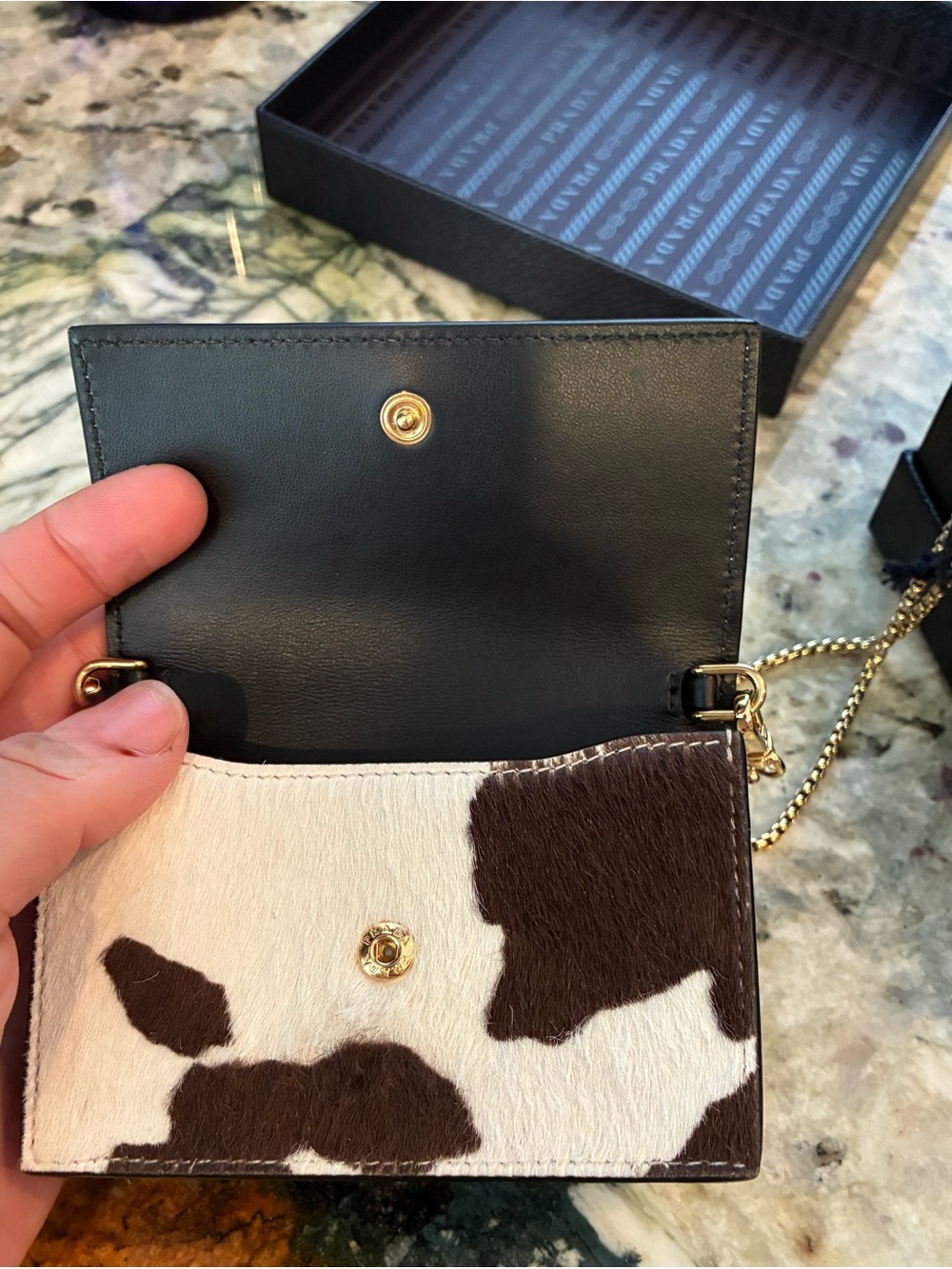 Prada Cowhide Patchwork Crossbody in Brown & White with Gold Chain - Picture 11 of 12